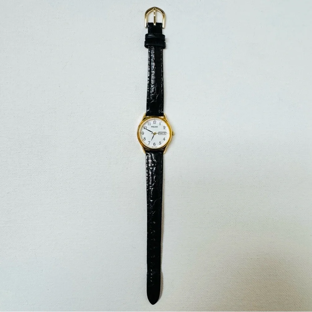 Seiko Pulsar 24mm Women's Day/Date Watch Gold Black Croco Leather VX83-X002 - Picture 9 of 14